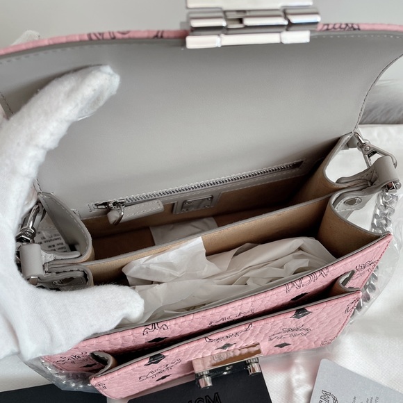 MCM Shoulder Patricia Visetos Soft Pink Coated Canvas Cross Body Bag - Picture 10 of 14